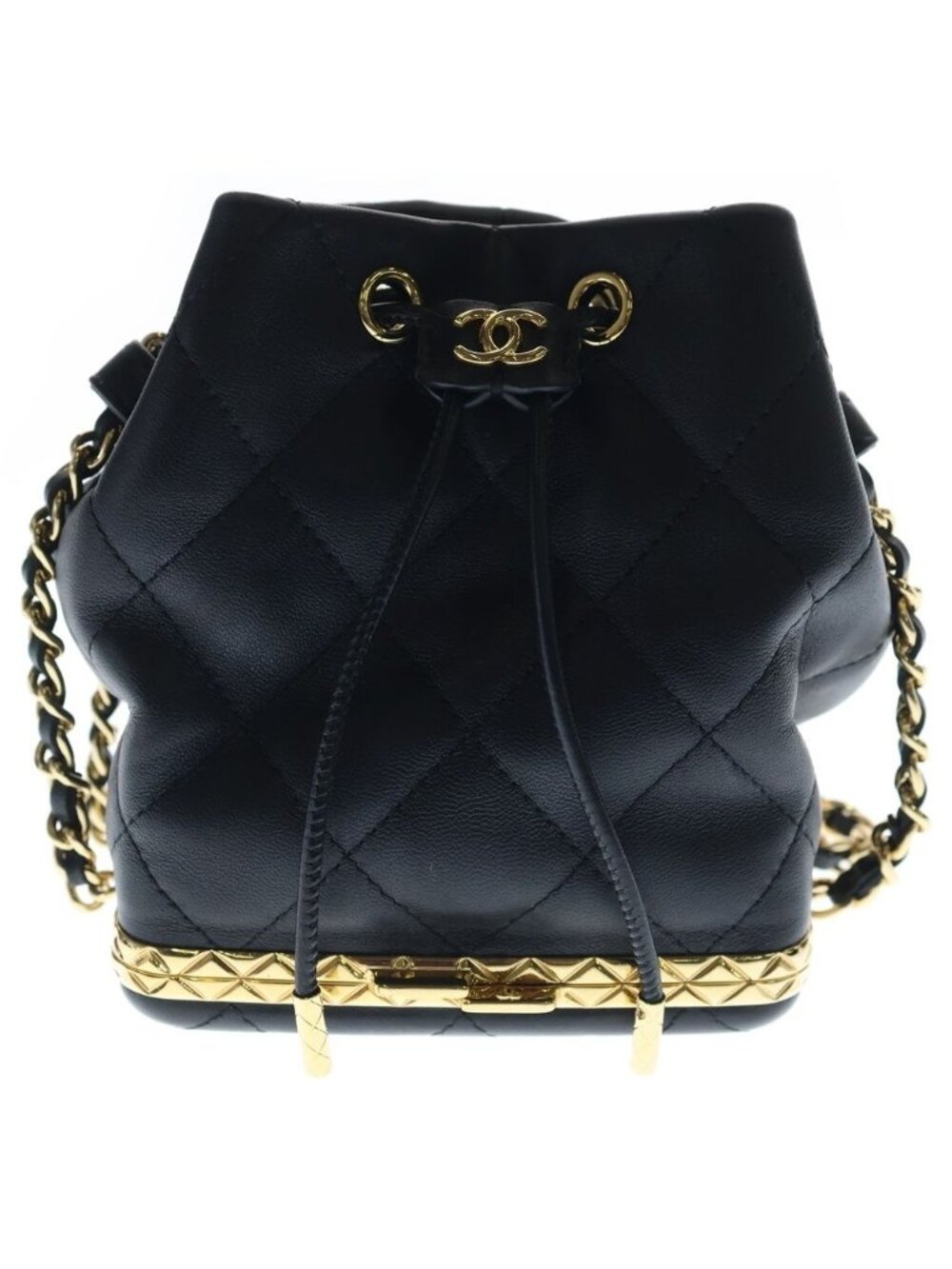 Chanel Quilted Small Bucket Bag Chain Shoulder Drawstring Gold Lambskin Black